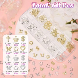 Silver Gold Cross Star Nail Charms, Alloy Star Cross Heart Butterfly Crown Dollar Nail Art Charms Y2K Metal Nail Studs Rivet Nails Charm for DIY Acrylic Nail Supplies Design