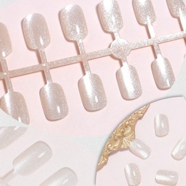 Short Square Press on Nails - Short Cat Eye False Nails with Glue - White Glitter Shimmer Acrylic nails - Full Cover Long Lasting Stick on Nails for Women Girls 24pcs
