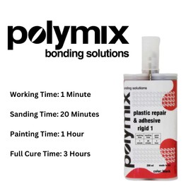 Polymix Rigid Automotive Multipurpose Plastic Repair and Adhesive 50ml Cartridge & Two Application Mixing Nozzles (Black)