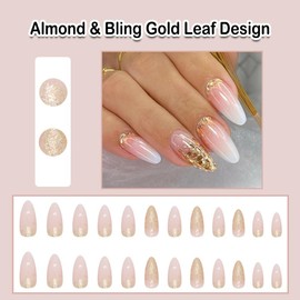 ANDGING Press on Nails Almond Short Medium Ombre Pink White Fake Nails Gel Glue on Nails with Bling Gold Leaf Design Acrylic False Nails for Wedding 24Pcs Manicure Women Stick on Nail with Glue AS68U