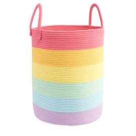 JUNBOLE Woven Cotton Rope Laundry basket-15”X20” Laundry Hamper-Rope Storage Basket for Dirty Clothes, Toys and Blankets Perfect for Bathroom, Baby nursery and Living Room Storage (rainbow)