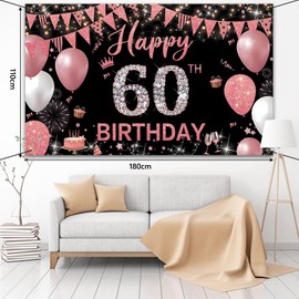 Couryxqq Happy Birthday Banner, 60th Birthday Decorations Backdrop, Extra Large Black Pink Party Decorations, Perfect Birthday Party Supplies Photography Background for Men, and Women, 180x110cm