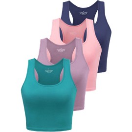 Joviren 4-Pack Cotton Workout Crop Tops for Women - Racerback Yoga & Athletic Shirts XL (Navy, Teal, Purple, Pink)
