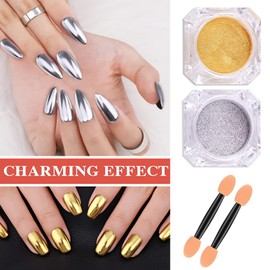 Fusang 2Pcs Gold Silver Chrome Nail Powder,Highlight Metallic Pigmented Chrome Powder with Sponge Applicators Durable Long Lasting Smooth Glitter Nail Powder Art Mirror Effect