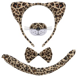 Moikolok Cheetah Cat Ears Headband, Leopard Tail, Bow Tie, Nose Cover, Cheetah Cat Costume Accessories Set of 4