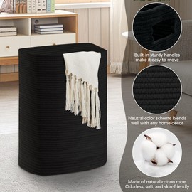MEGASKET Large Laundry Hamper 16"x13"x22" - Tall Woven Laundry Basket, Cotton Rope Dirty Clothes Hamper, Baby Kids Nursery Wicker Laundry Basket, Bedroom Aesthetic, Soft Laundry Bin, Black Hamper, 75L