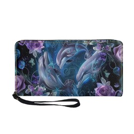 SCRAWLGOD Dolpin Womens Wristlet Wallets Flower Leather Clutch Purse for Women Zipper Around Slim Wallet Credit Card Holder Organizer for Phone Key Waterproof Phone Pouch