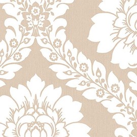 Manhattan comfort NWSH34517 Manchester Series Vinyl Floral Damask Design Large Wallpaper Roll, 20.5" W x 32.7'L, Beige/White