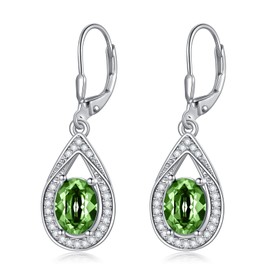 Peridot Green Earrings for Women Sterling Silver Teardrop Leverback Earrings with Simulated August Birthstone Oval Crystal, Birthday Jewelry Gifts for Women