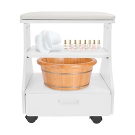 Pedicure Foot Bath Trolley with Wheels, Pedicure Foot Rest Cart Manicure Foot Rest Stand for Foot Rest Pedicure Manicure Funiture Massage Table Salon Supplies (White-04)