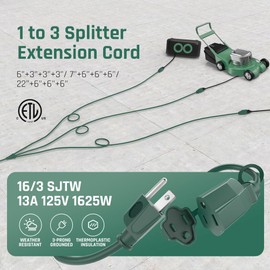 40FT Long Outdoor Waterproof Green Extension Cord Splitter, Evenly Spaced 3 Outlets, Heavy Duty 16/3 SJTW Cable with Grounded Plugs, Power Christmas Lights & Decorations of Halloween&Holiday, ETL