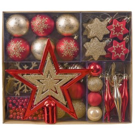 Valery Madelyn Set of 52 Christmas Baubles Plastic Christmas Baubles with Christmas Tree Topper Luxurious Christmas Baubles Red Gold for Christmas Decoration Theme Red Gold