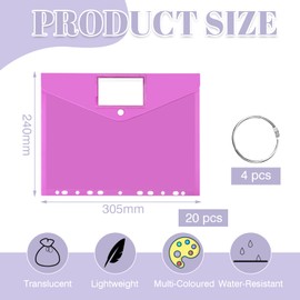 20 Pack Plastic Wallets A4 Punched Pockets, VEGCOO A4 Expandable Binder Folders Document Files with Snap Button,Tab Card & 4 Binders, 5 Colours Clear Document Organiser Wallets for School Office Home