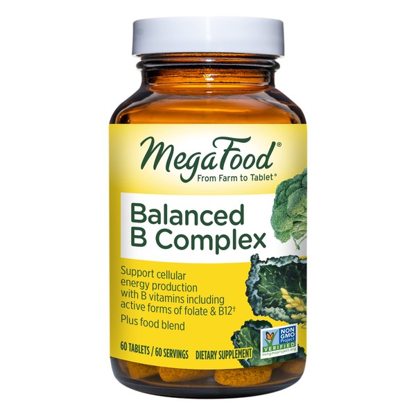 MegaFood Balanced B Complex - B Complex Vitamin Supplement Helps Support Cellular Energy - Vitamin B12, Vitamin B6 & Folate, - Vegan, Kosher, Non GMO - Made Without 9 Food Allergens - 60 Tabs