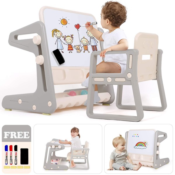 Birtech Art Easel for Kids Easel for Toddlers Standing Art Easel Height Adjustable Drawing Board with Magnetic Whiteboard & Pen, Kids Table and Chairs Set with Storage Tray for Boys Girls