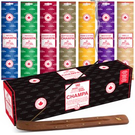 Natural Champa Meditation Incense Set - 140x 60 Minute Sticks with Complimentary Wood Burner - Hand Dipped - Also Perfect for Environmental Scenting and Purification