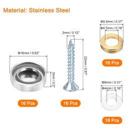uxcell 16 Pcs Screw Covers Caps, Stainless Steel Mirror Screws Decorative Caps Cover Nails, Mirror Screws Fasteners for Sign Advertising Hardware Construction, 16mm Diameter, Silver