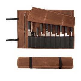 Chef Knife Roll Bag, Waxed Canvas Chef Knife Bag, Portable 10 Slots Chef Knife Case With 1 Zipper Pockets, Can Hold Home Kitchen Knife Tools Knife slot wide To 2.17”, Duty Knives Roll Bags for Chef