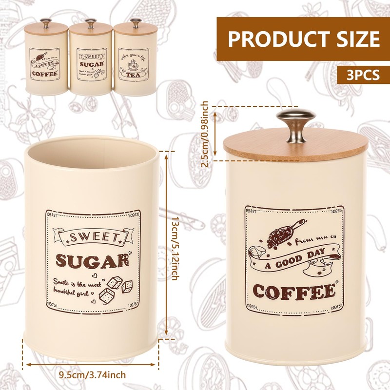 UKQRRTC 3 Pack Metal Coffee Sugar Tea Canister Set, Large