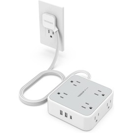 TESSAN Regleta Multicontacto con Protector de Sobretensión - Extensión Eléctrica Plana de 1.5M con 8 Salidas CA y 3 Puertos USB (1 USB-C), Conector Múltiple para Oficina y Dormitorio, Gris