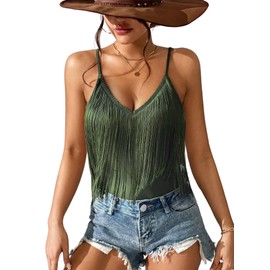 Womens Western Cowgirl Fringe Top - Country Concert Outfits Festival Tassel Hem Boho Rodeo Camisole Rave Tank Shirt(ArmyGreen,XL,10742a)