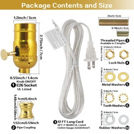 Asjeumt Lamp Rewire Kit Lamp Socket Replacement Kits 12 FT Matching Cord Plug Set with Essential Hardware Lamp Making Supplies for DIY Repair Wiring Assembly E26 Table Floor Light Part - Antique Gold