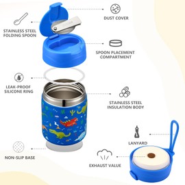 Pawtong 17oz Soup Thermo for Hot Food Kids Insulated Vacuum Food Jar with Stainless Steel Spoon Wide Mouth Thermo Leakproof Lunch Food Container Kids Hot Lunch Box (Blue-Dinasour)