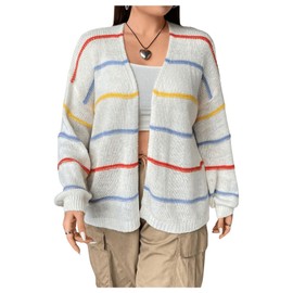 Verdusa Women's Plus Size Striped Long Sleeve Open Front Loose Knitted Cardigan Sweater Beige Multi 0XL