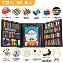 Art Supplies 332 Piece Drawing Art Kit Gifts for Girls Boys Kids Teens Gifts Art Set Case with Double Sided Trifold Easel, Stickers, Sketch Paper, Coloring Book, Pastels, Crayons, Pencils (Black)