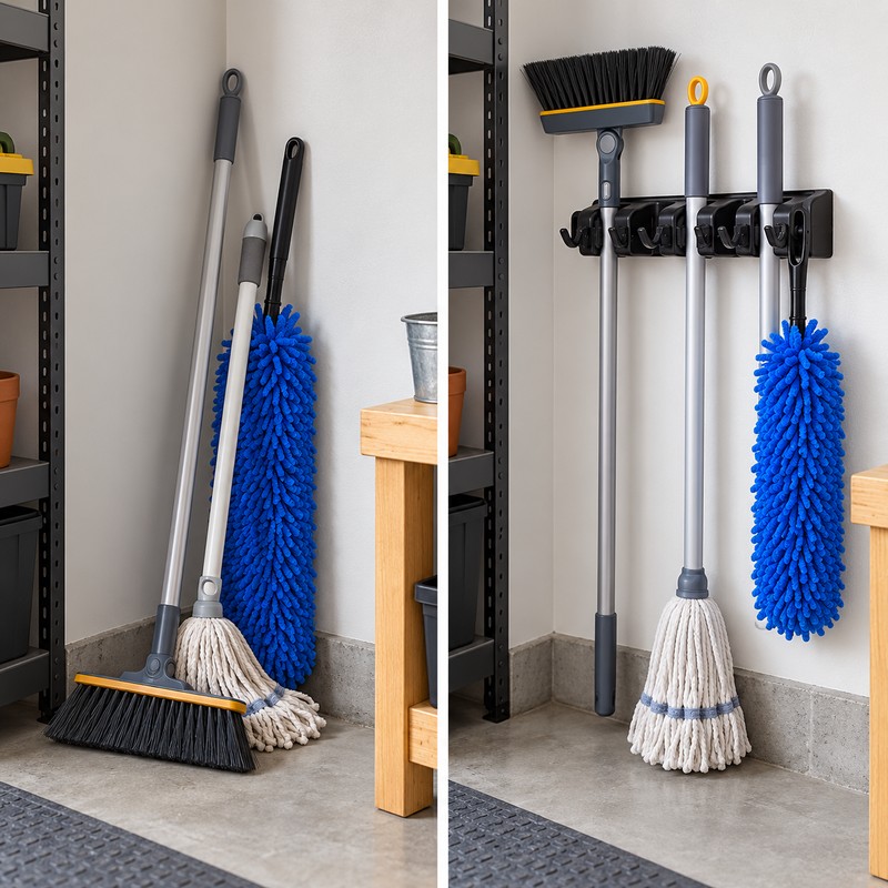 Wall Mounted Mop Holder - Multi-Functional Broom Hanger Shelf Home
