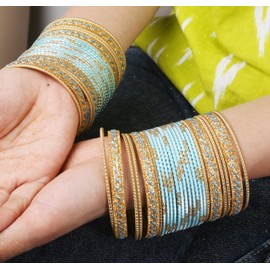 Touchstone NEW Indian Bollywood Glamorous Fashion Wrist Enhancing Shimmering Golden Glitters Textured Arctic Blue Color Designer Jewelry Bracelets Bangle Chura. Set Of 48 In Gold Tone For Women.