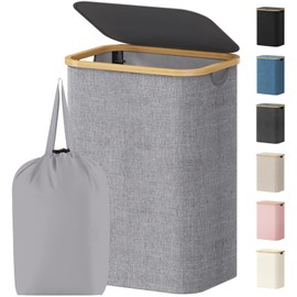 Lifewit 80L Laundry Basket with Lid, Clothes Hampers for Laundry with Bamboo Handles and 1 Removable Bag, Large Foldable Laundry Hamper for Bedroom, Bathroom, Dorm, Laundry Room, Light Gray
