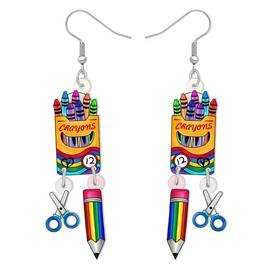 YAYAKO Acrylic Globe Pencil Earrings Dangle Jewelry Ruler Eraser Stationery Sets for Kids Teachers Women Girls Back to School Gifts (Scissors Crayons Sets)