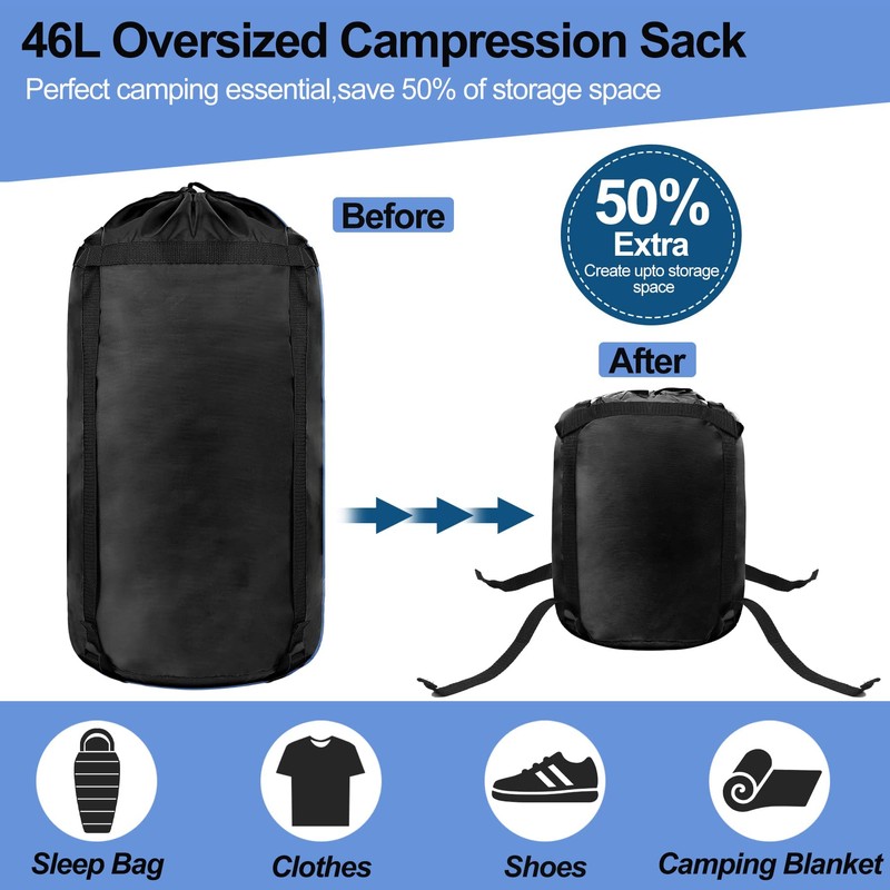 YINXN 46L Compression Stuff Sack for Sleeping bag, Lightweight Waterproof