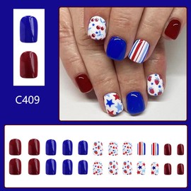 4th of July Press on Nails Blue Red Short Square Fake Nails with Star Designs Cherry Glue on Nails Independence Day False Nails Full Cover Strawberry Stick on Nails for Women Summer Manicure 24Pcs