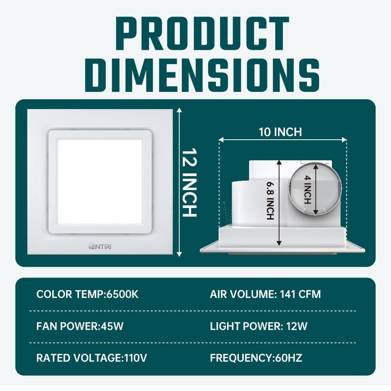 VENTIRI Bathroom Exhaust Fan with Light, 12 INCH, Upgraded Quiet