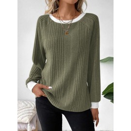 Dokotoo Teacher Outfits for Women Long Sleeve Shirts for Women Early Fall Fashion Cute Contrast Knitted Pullover Tshirts Shirts Solid Loose Fit Going Out Womens Tops Fall Clothes Medium Dark Green