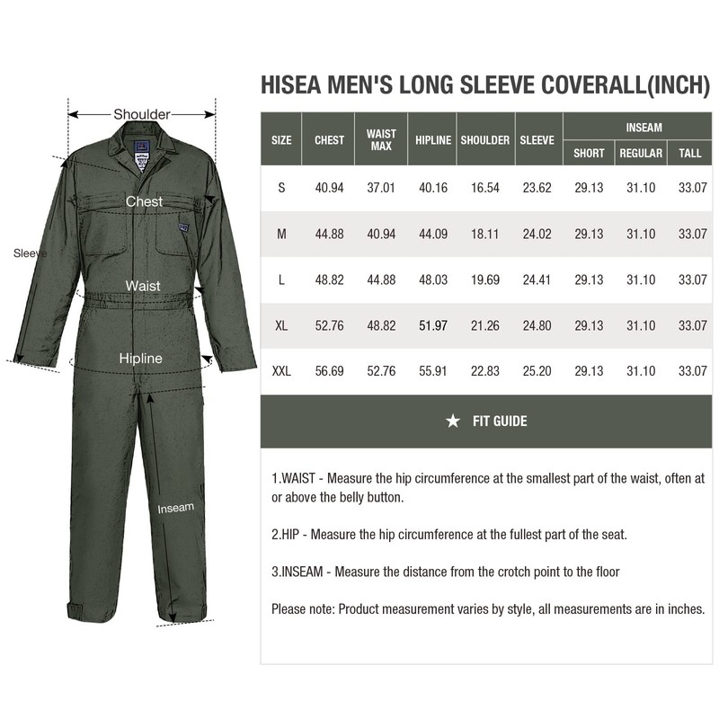HISEA Men's Long Sleeve Coverall, Stain & Wrinkle Resistant Mens