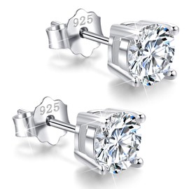 18K Gold Plated Sterling Silver Cubic Zirconia Stud Earrings for Women Men, Simulated Diamond CZ Studs Hypoallergenic Jewelry (5mm, 18K White Gold Plated Sterling Silver - Silver)