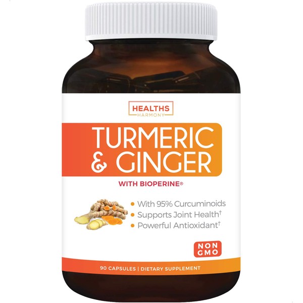 Turmeric and Ginger with 95% Curcuminoids & Bioperine (Non-GMO) 1980mg Per Serving - Joint Support Supplement with Black Pepper Extract, Tumeric Curcumin and Ginger - 90 Capsules