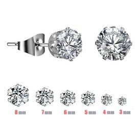 XINCHENG 6 Pairs Stainless Steel Hypoallergenic Silver Diamond Stud Earrings for Women Men, CZ Cubic Zirconia Simulated Diamond Sparkly Stud Earring 3, 4, 5, 6, 7, 8mm