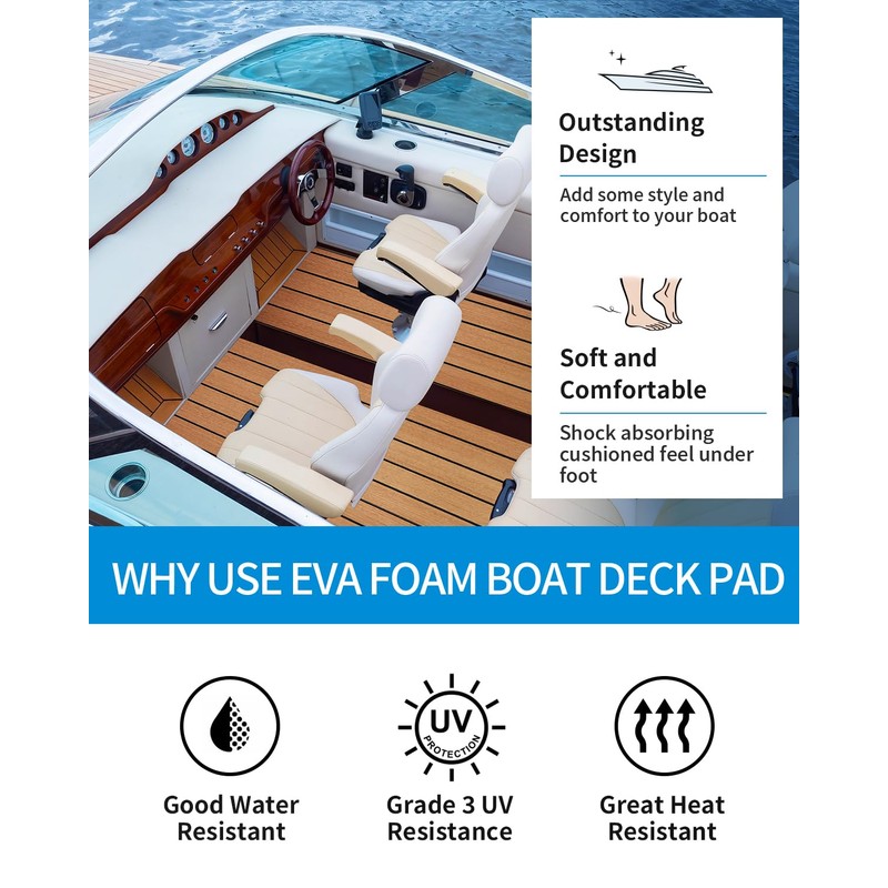 OCEANBROAD Boat Flooring EVA Foam Self-Adhesive 96''x45.6''/36''/28.8''/16.8'' Faux Teak Marine