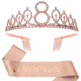 8th Birthday Decorations for Girls,Rose Gold Glitter Sash & Rhinestone Crown for 8 Year Old Girl Birthday Decor,Ideal Princess Gifts and Accessories for Little Birthday Girl