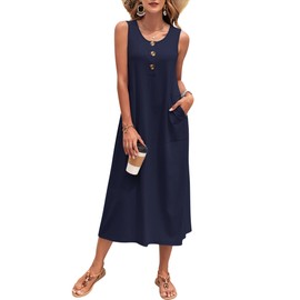 MOLERANI Womens Casual Summer Maxi Dress Plus Size Long Dress with Pockets Loose Button Down Down Sundress Flowy Maxi Dress 2025,Navy Blue,L