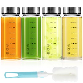 Qumuauu Glass Juice Bottles 4 Pack 16 oz - Wide Mouth Glass Water Bottles with Lids - for Juicing, Protein, Smoothie, Milk, Reusable, BPA Free, Stainless Steel Lids