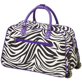 World Traveler 21-Inch Carry-On Rolling Duffel Bag, Dark Purple Trim Zebra