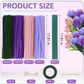 400 Pcs Pipe Cleaners Craft,4 Assorted Colors Pipe Cleaners Bulk, Chenille Stems for DIY Flower Making Kit with Floral Wires, Gardening Tape,Stamen& Ribbon(Purple)