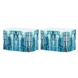 sourcing map 2 Pcs 29x108 Inch Light Blue Metallic Foil Fringe Tinsel Table Skirts for Rectangle Tables Tinsel Backdrop Curtain for Wedding Birthday Party Decoration