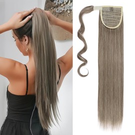 Silk-co 23" Clip in on Ponytail Hair Extensions One Piece Wrap Around Pony Tail Synthetic Straight Hairpieces - Ash&Brown