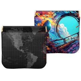 Cabreche 2 PCS Coin Purse Pouch Small Squeeze Soft PU Leather Mini Wallet Change Bag Cute Aesthetic for Women Girls Men-Map Astronaut